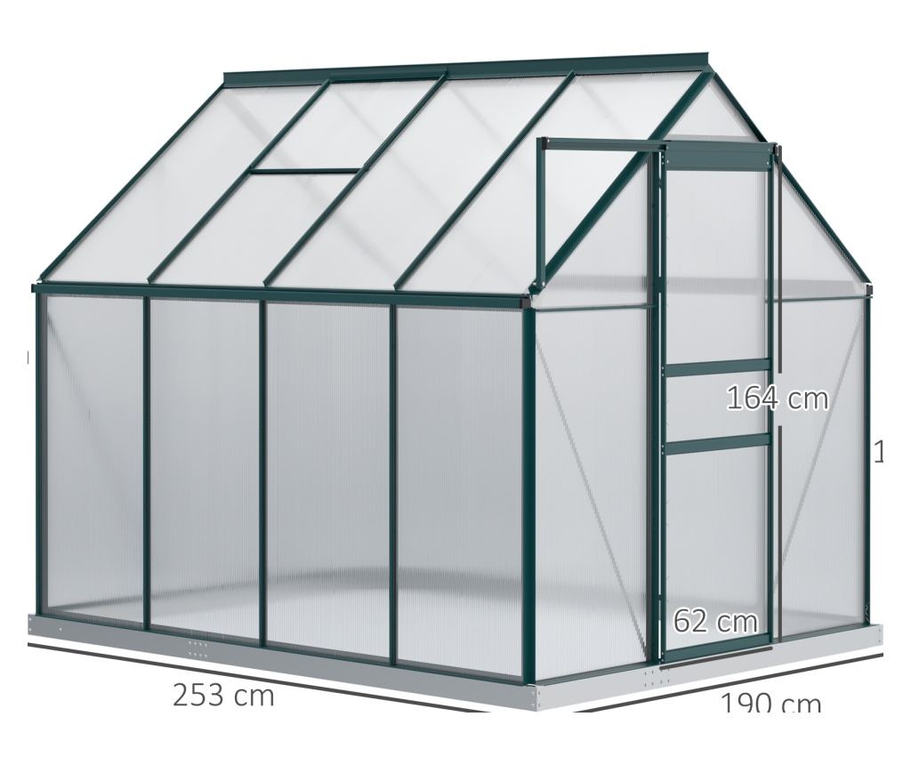 Sera de grădină din Policarbonat 190x253x199cm, cu Fereastră Deschisă și Ușă Glisantă, Structură din Aluminiu, Verde - 4
