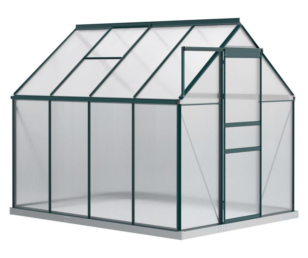 Sera de grădină din Policarbonat 190x253x199cm, cu Fereastră Deschisă și Ușă Glisantă, Structură din Aluminiu, Verde - 5