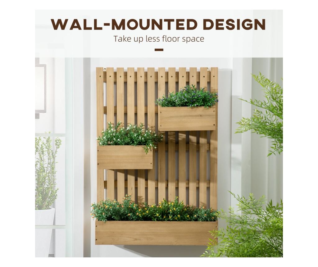 Függőleges fa virágtartó 3 kivehető cseréppel, 60x16x80cm - 5