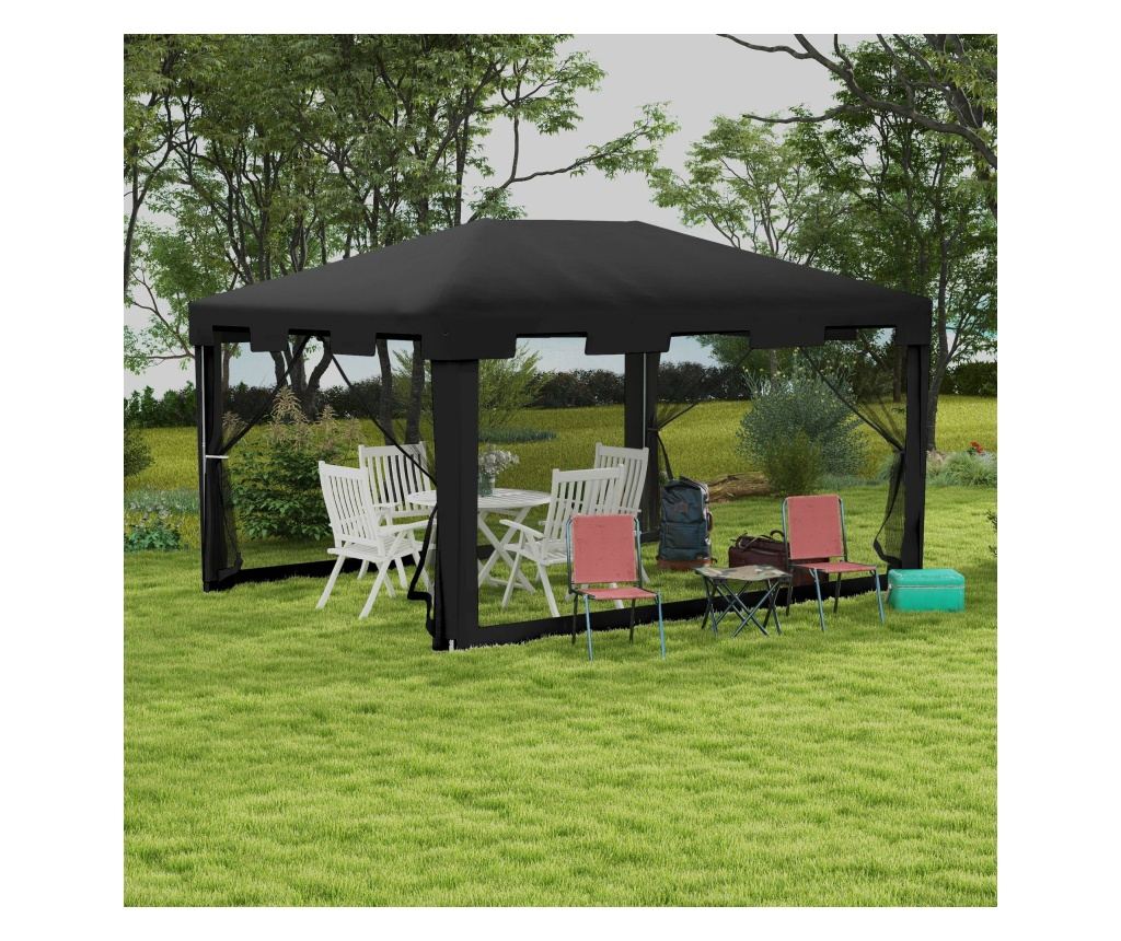 4x3 m Pavilon szúnyoghálóval és 2 bejárattal, fém és PE kerti pavilon, sötétszürke - 3