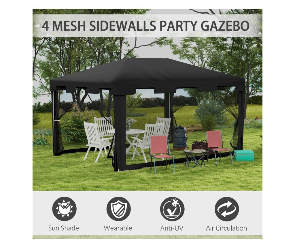 4x3 m Pavilon szúnyoghálóval és 2 bejárattal, fém és PE kerti pavilon, sötétszürke - 5