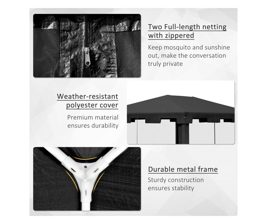 4x3 m Pavilon szúnyoghálóval és 2 bejárattal, fém és PE kerti pavilon, sötétszürke - 6