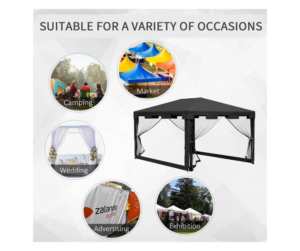 4x3 m Pavilon szúnyoghálóval és 2 bejárattal, fém és PE kerti pavilon, sötétszürke - 8