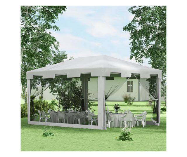 Foisor 4x3 m cu Plasa de Tantari si 2 Intrari, Foisor de Gradina din Metal si PE, Alb si Negru