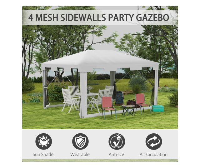 Foisor 4x3 m cu Plasa de Tantari si 2 Intrari, Foisor de Gradina din Metal si PE, Alb si Negru