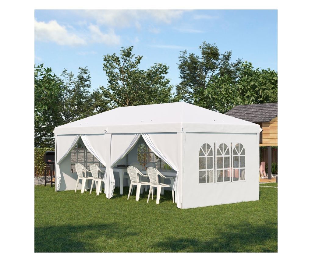 Cort 585x295x270 cm pliabil din otel si material Oxford, cort pentru gradina cu 6 pereti laterali, franghii si carlige, alb - 2
