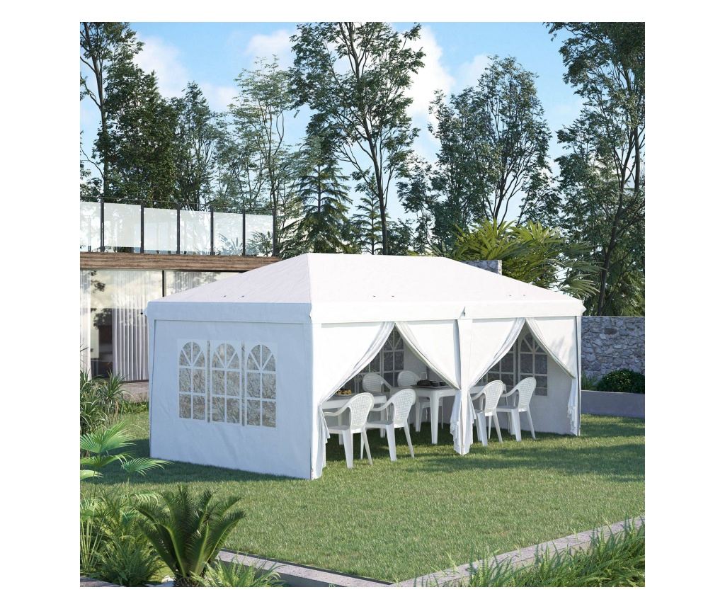 Cort 585x295x270 cm pliabil din otel si material Oxford, cort pentru gradina cu 6 pereti laterali, franghii si carlige, alb - 3