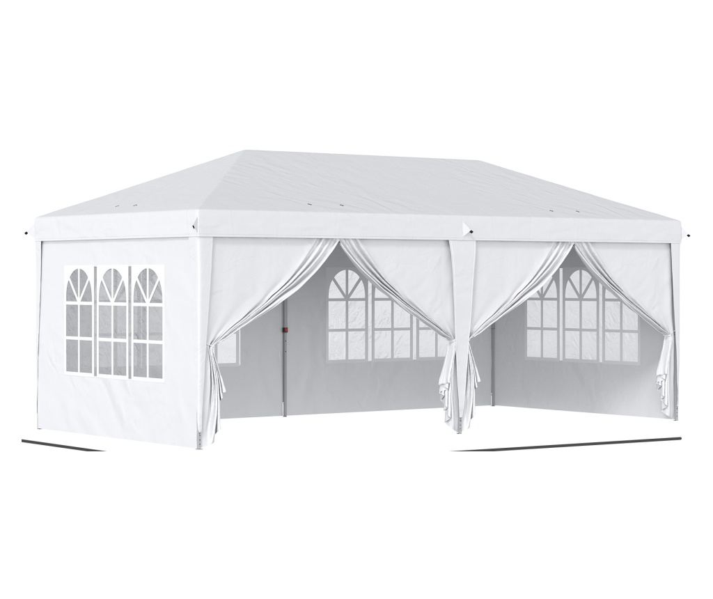 Cort 585x295x270 cm pliabil din otel si material Oxford, cort pentru gradina cu 6 pereti laterali, franghii si carlige, alb - 4