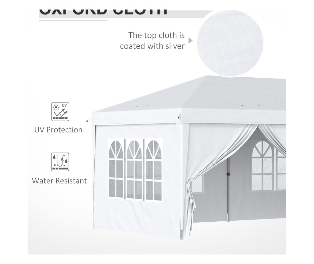 Cort 585x295x270 cm pliabil din otel si material Oxford, cort pentru gradina cu 6 pereti laterali, franghii si carlige, alb - 6