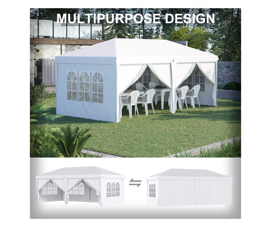 Cort 585x295x270 cm pliabil din otel si material Oxford, cort pentru gradina cu 6 pereti laterali, franghii si carlige, alb - 7