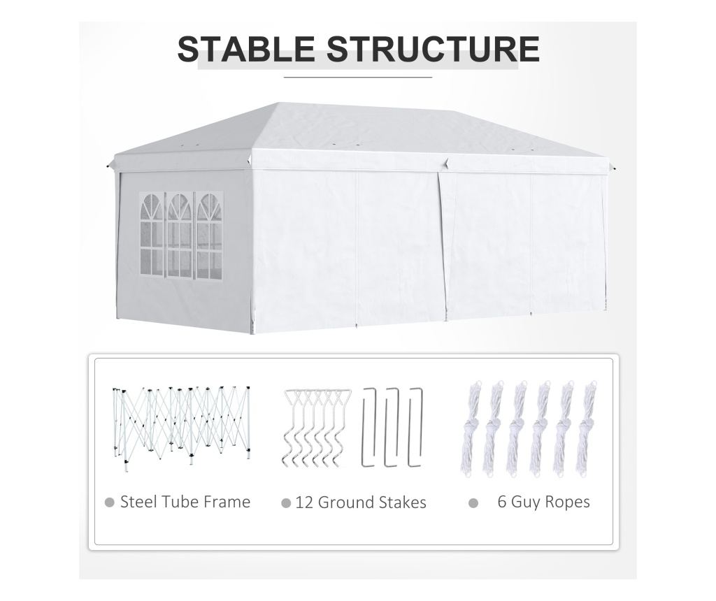 Cort 585x295x270 cm pliabil din otel si material Oxford, cort pentru gradina cu 6 pereti laterali, franghii si carlige, alb - 8