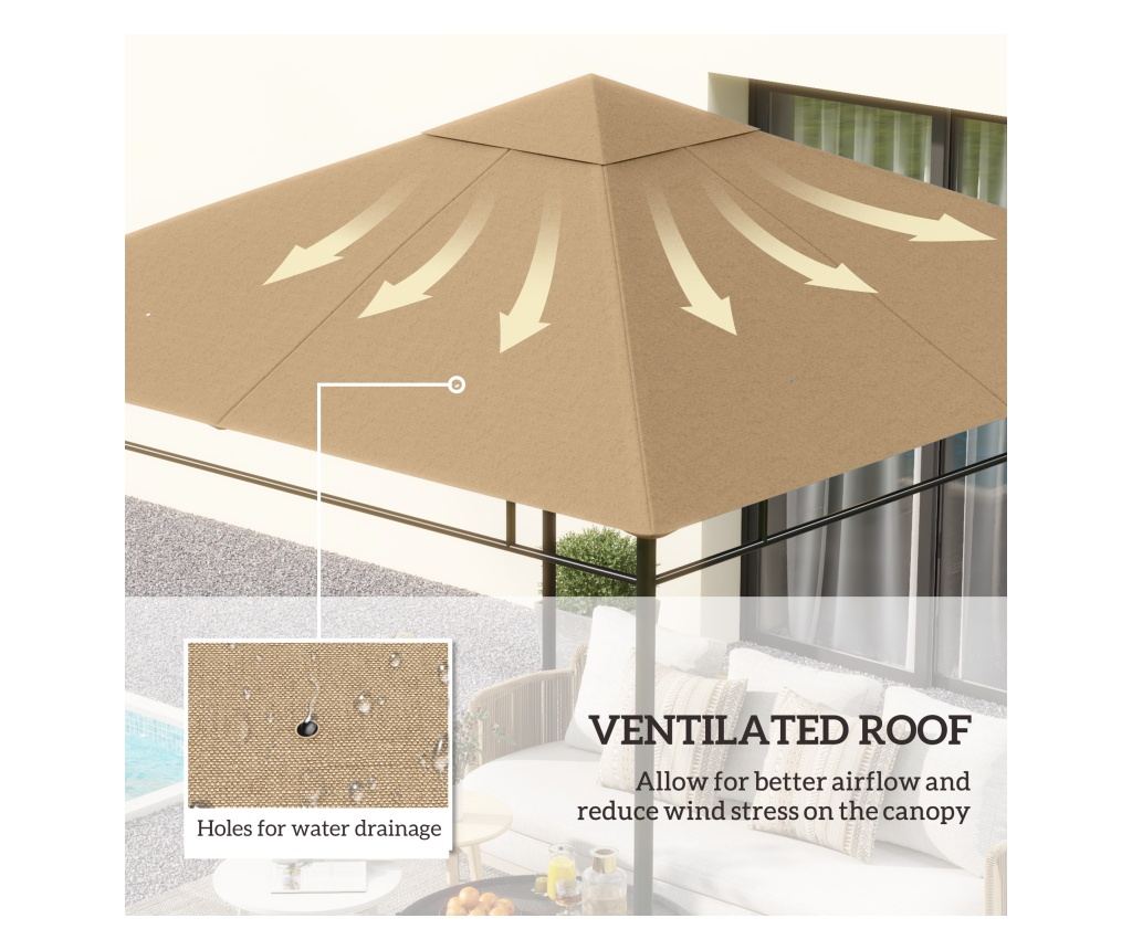 Póttető kerti pavilonhoz, poliészter, szellőzőkkel és vízelvezető lyukakkal, 298x295 cm, bézs - 5