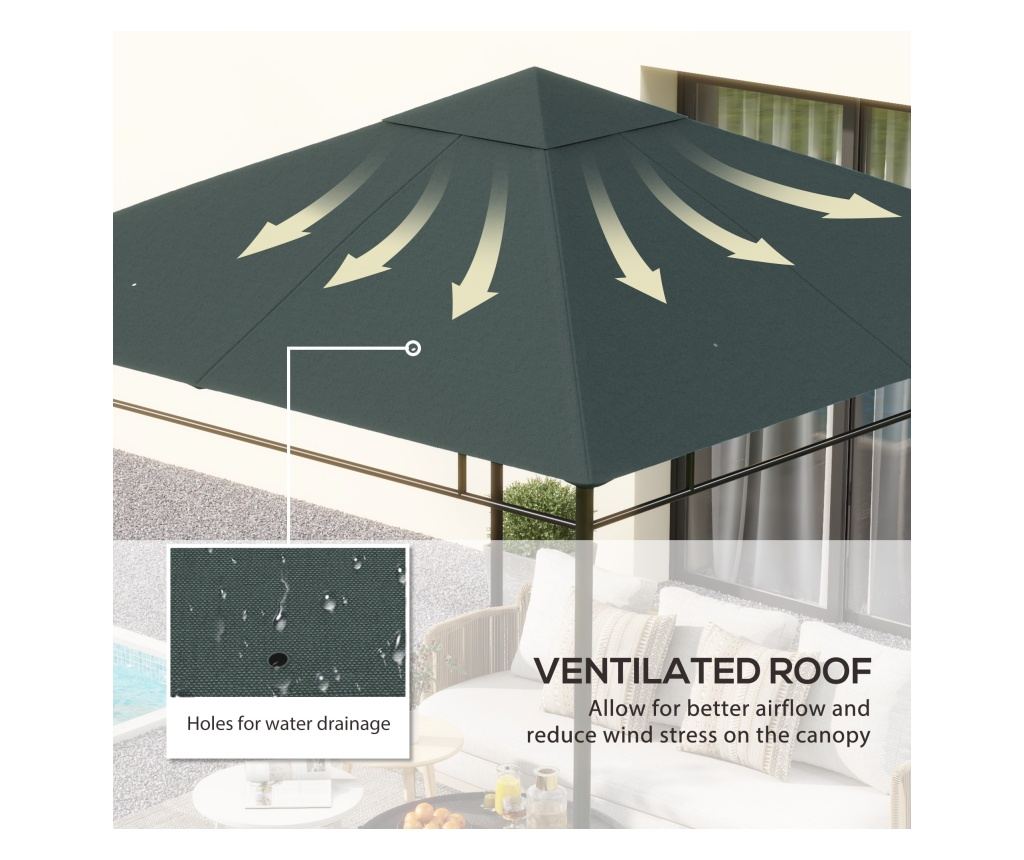 Acoperis de Schimb 3x3m, Prelata de Schimb pentru Foisor de Gradina din Poliester cu 8 Orificii de Ventilatie, Gri - 5