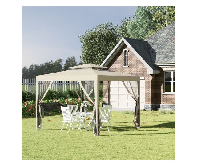 Foisor de Gradina cu Plasa de Tantari, Foisor 3x3 m cu Acoperis Dublu si Cadru din Metal, Bej