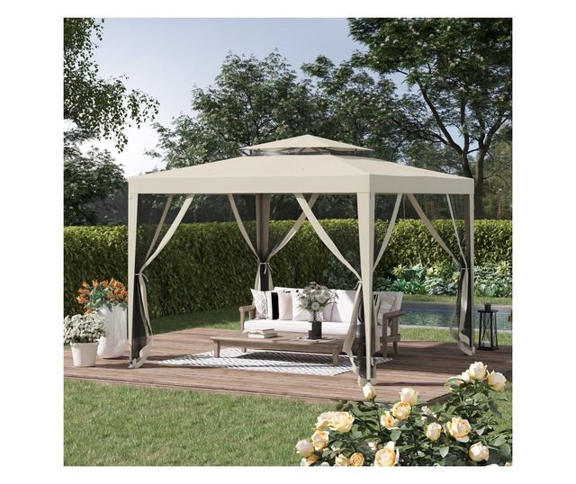 Foisor de Gradina cu Plasa de Tantari, Foisor 3x3 m cu Acoperis Dublu si Cadru din Metal, Bej