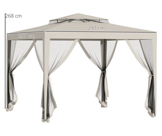 Foisor de Gradina cu Plasa de Tantari, Foisor 3x3 m cu Acoperis Dublu si Cadru din Metal, Bej