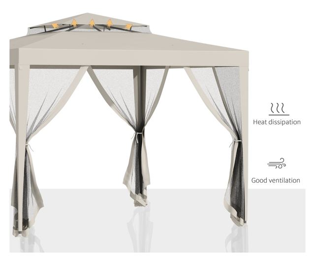 Foisor de Gradina cu Plasa de Tantari, Foisor 3x3 m cu Acoperis Dublu si Cadru din Metal, Bej