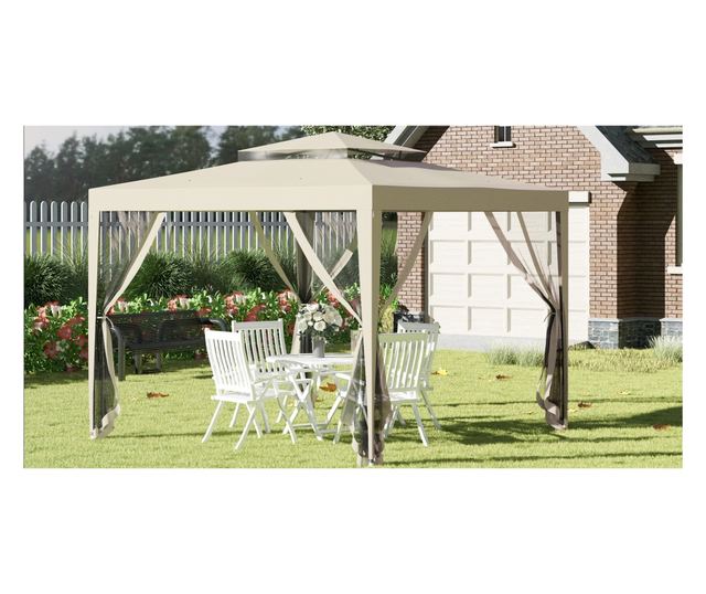 Foisor de Gradina cu Plasa de Tantari, Foisor 3x3 m cu Acoperis Dublu si Cadru din Metal, Bej