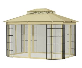 Foisor de Gradina 3.65x3m cu Plasa de Tantari si Acoperis pe 2 Nivele din Poliester si Metal, Negru si Bej