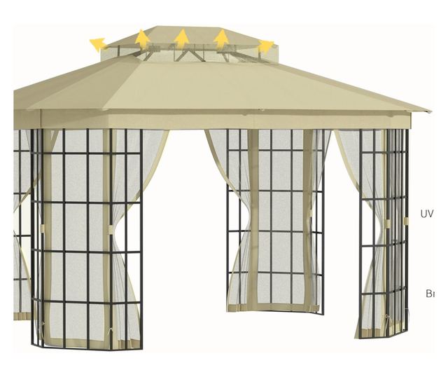 Foisor de Gradina 3.65x3m cu Plasa de Tantari si Acoperis pe 2 Nivele din Poliester si Metal, Negru si Bej
