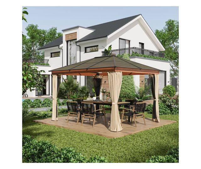 Foisor de Gradina din Otel, Aluminiu si Poliester cu Acoperis din Policarbonat si Plase de Tantari, 2.94x3.60x2.67 m, Kaki