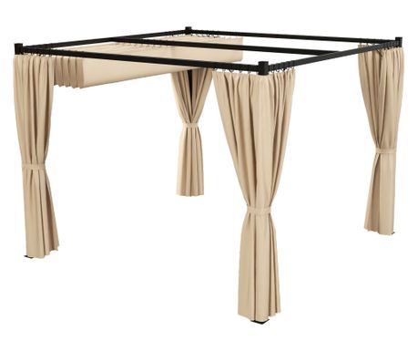 Pergola 3 x 3(m) cu acoperiș copertină retractabilă și perdele, Foișor de exterior cu cadru metalic pentru grădină, Adăpost de s