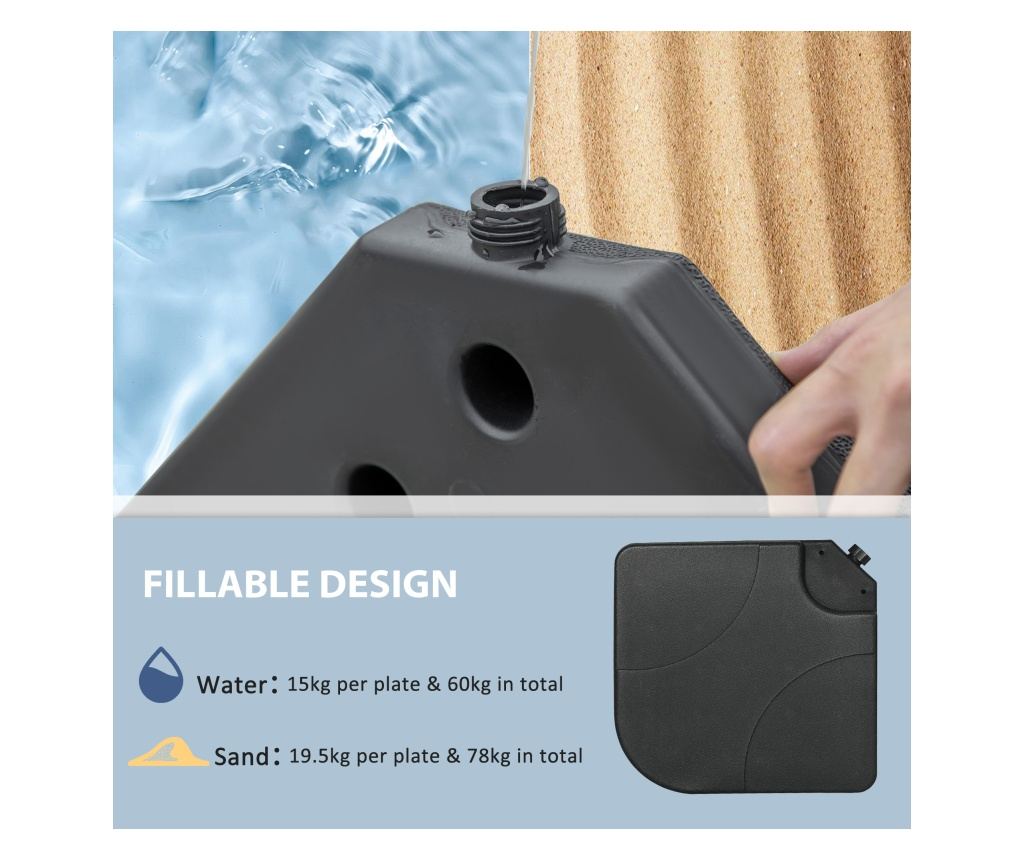 Baza pentru Umbrela Set 4 Piese din HDPE care se Umplu cu Apa sau Nisip, Postament pentru Umbrela cu 4 Conectori, 104x104x7.5 cm - 6