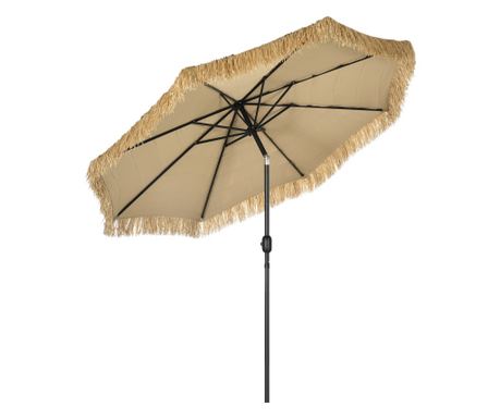 Szalma kerti napernyő, kerek hawaii stílusú napernyő tekerővel, Ø265x250cm, Khaki