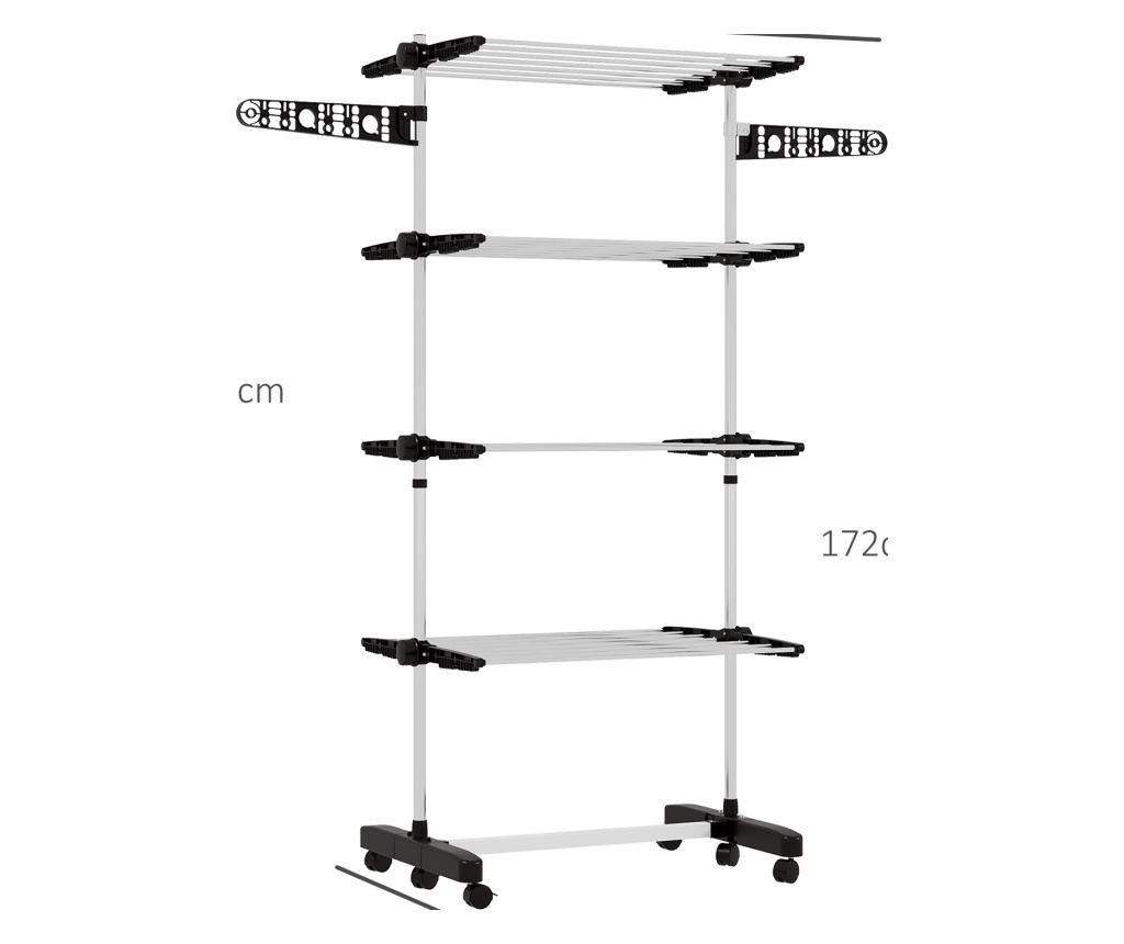 Összecsukható ruhaszárító állvány, torony szárító 6 kerékkel, kampókkal és 4 állítható polccal, 142x55x172 cm, ezüst - 4