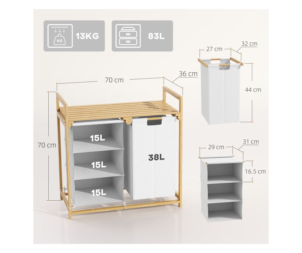 Cos pentru Rufe cu 2 Saci Detasabili, Dulap pentru Rufe de Baie cu Manere si Raft din Bambus, 70x36x70 cm, Alb - 4