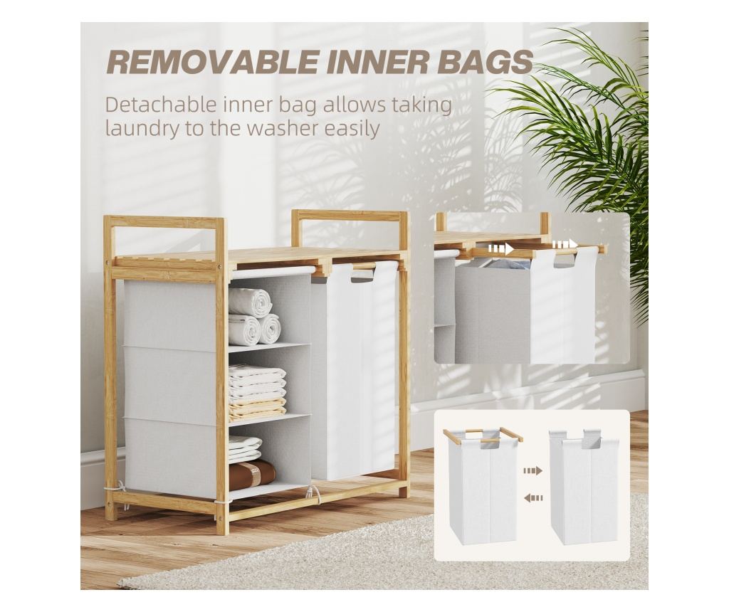 Cos pentru Rufe cu 2 Saci Detasabili, Dulap pentru Rufe de Baie cu Manere si Raft din Bambus, 70x36x70 cm, Alb - 6