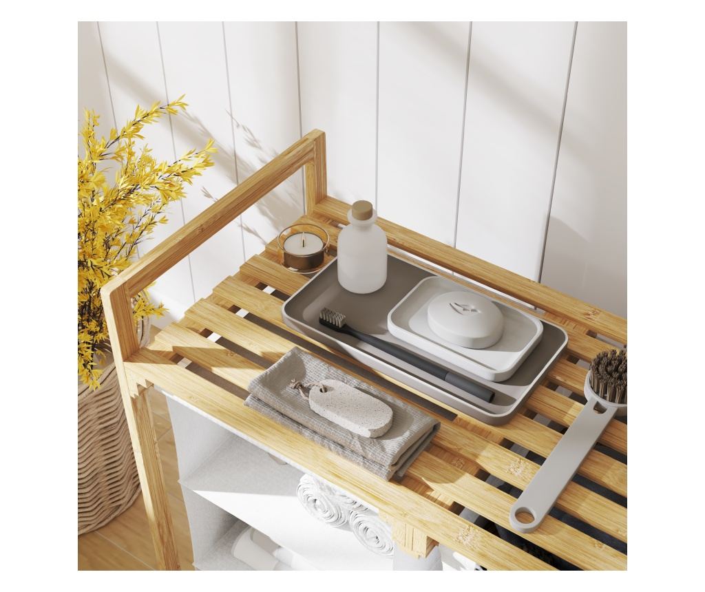 Cos pentru Rufe cu 2 Saci Detasabili, Dulap pentru Rufe de Baie cu Manere si Raft din Bambus, 70x36x70 cm, Alb - 10