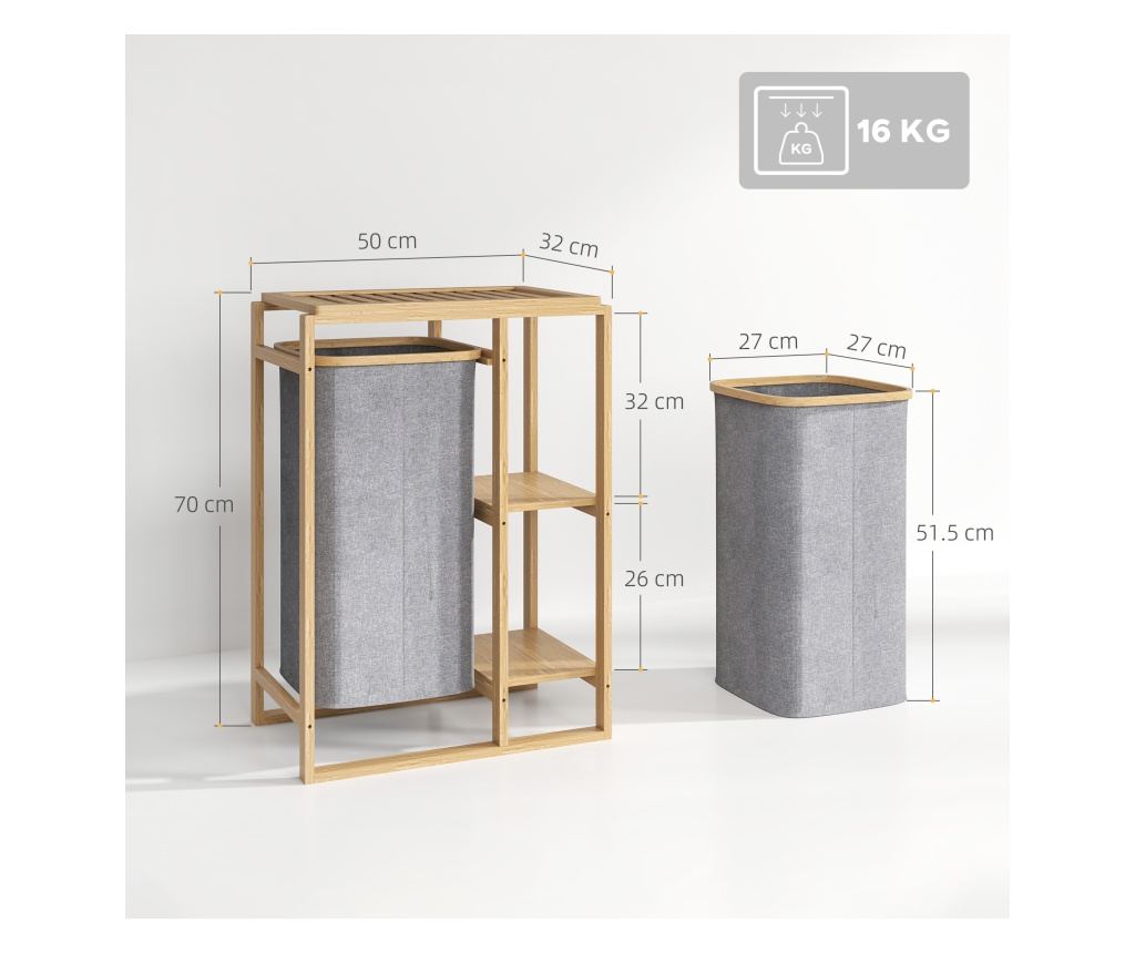 Cos Portabil pentru Rufe cu Sac Detasabil, Dulap Portabil pentru Rufe cu Rafturi din Bambus, 50x32x70 cm, Gri - 4