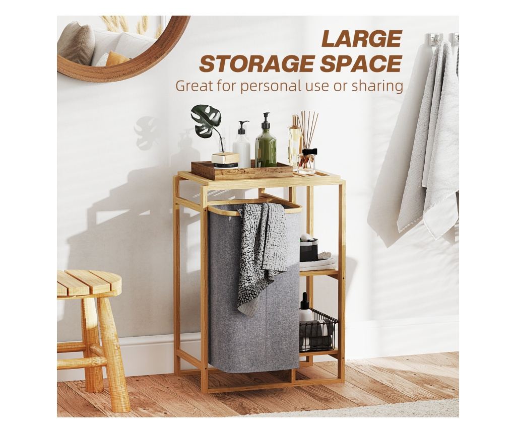 Cos Portabil pentru Rufe cu Sac Detasabil, Dulap Portabil pentru Rufe cu Rafturi din Bambus, 50x32x70 cm, Gri - 5
