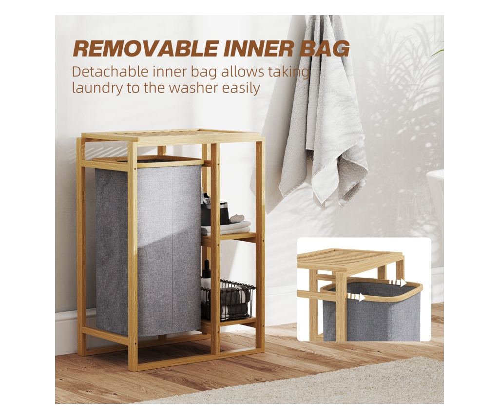 Cos Portabil pentru Rufe cu Sac Detasabil, Dulap Portabil pentru Rufe cu Rafturi din Bambus, 50x32x70 cm, Gri - 6