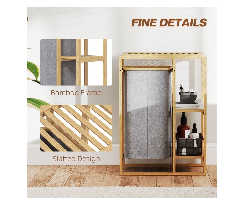 Cos Portabil pentru Rufe cu Sac Detasabil, Dulap Portabil pentru Rufe cu Rafturi din Bambus, 50x32x70 cm, Gri - 7