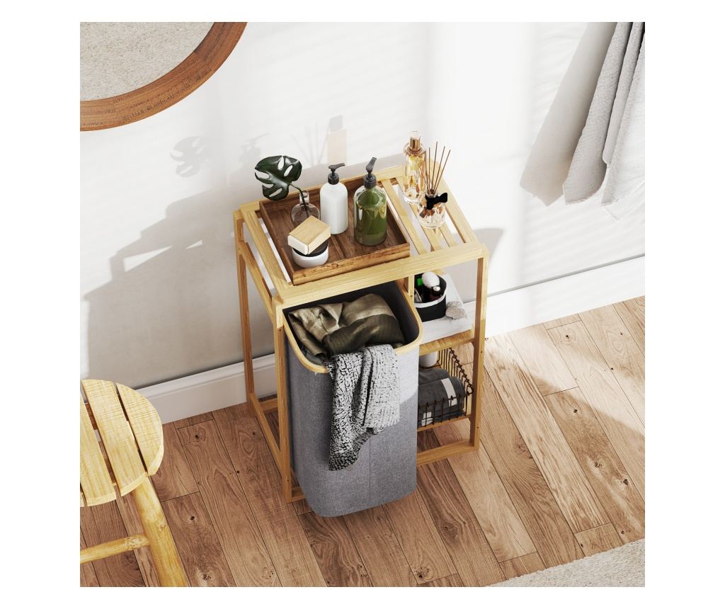 Cos Portabil pentru Rufe cu Sac Detasabil, Dulap Portabil pentru Rufe cu Rafturi din Bambus, 50x32x70 cm, Gri - 9