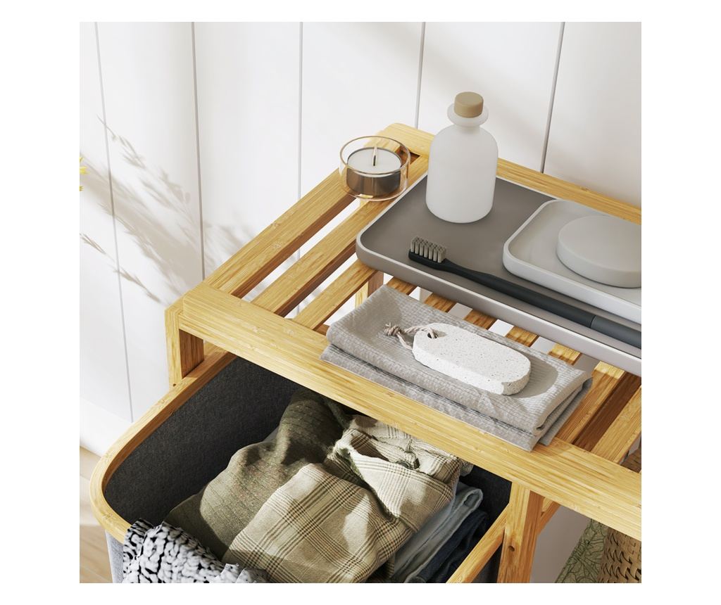 Cos Portabil pentru Rufe cu Sac Detasabil, Dulap Portabil pentru Rufe cu Rafturi din Bambus, 50x32x70 cm, Gri - 10