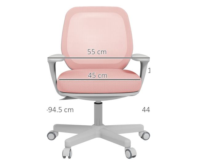 Scaun de Birou Respirabil cu Inaltime Reglabila, Scaun Rabatabil cu 5 Roti, 55x48x82.5-94.5 cm, Roz