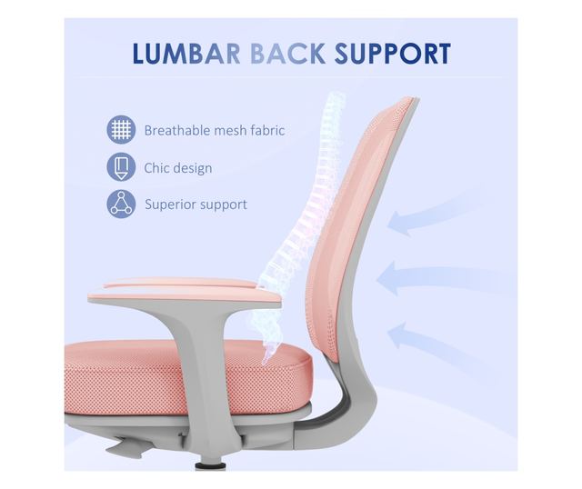 Scaun de Birou Respirabil cu Inaltime Reglabila, Scaun Rabatabil cu 5 Roti, 55x48x82.5-94.5 cm, Roz