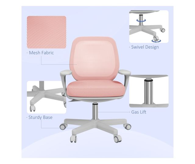 Scaun de Birou Respirabil cu Inaltime Reglabila, Scaun Rabatabil cu 5 Roti, 55x48x82.5-94.5 cm, Roz