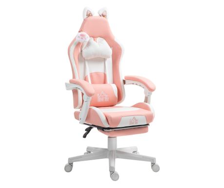 Ergonomikus gamer szék macskafülekkel, lábtartóval és deréktámasszal, 65x62x116-124 cm, rózsaszín