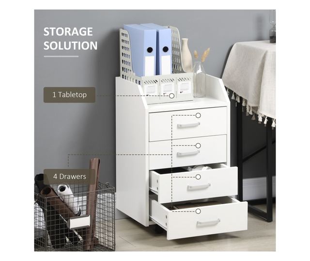 Fiset pentru Birou din Lemn cu 4 Sertare, Dulap pentru Birou cu Roti si Margini Inaltate, 40x36x65cm, Alb