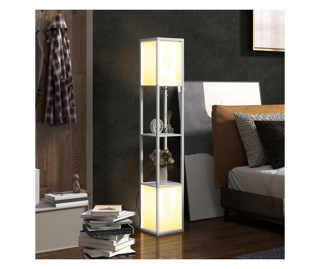 Lampă de Podea Modernă cu 2 Abajururi și 2 Rafturi, Lampă de Podea cu Întrerupător de Picior, 26x26x156 cm, Alb - 2