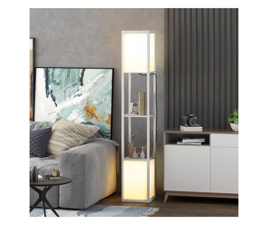 Lampă de Podea Modernă cu 2 Abajururi și 2 Rafturi, Lampă de Podea cu Întrerupător de Picior, 26x26x156 cm, Alb - 3