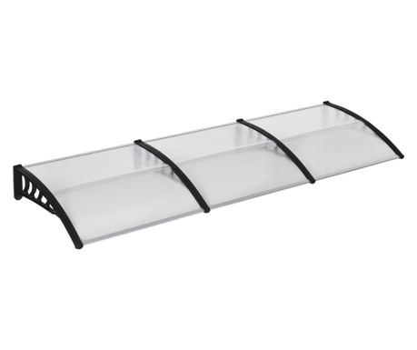 Polikarbonát és alumínium előtető erkélyekre, ablakokra és ajtókra, kültéri napellenző PP tartóval, 303x96x27 cm, átlátszó