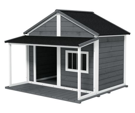 Casuta din Lemn de Exterior pentru Caini, Cusca pentru Caini cu Terasa, Fereastra si Acoperis Impermeabil, 124x112x105cm, Gri