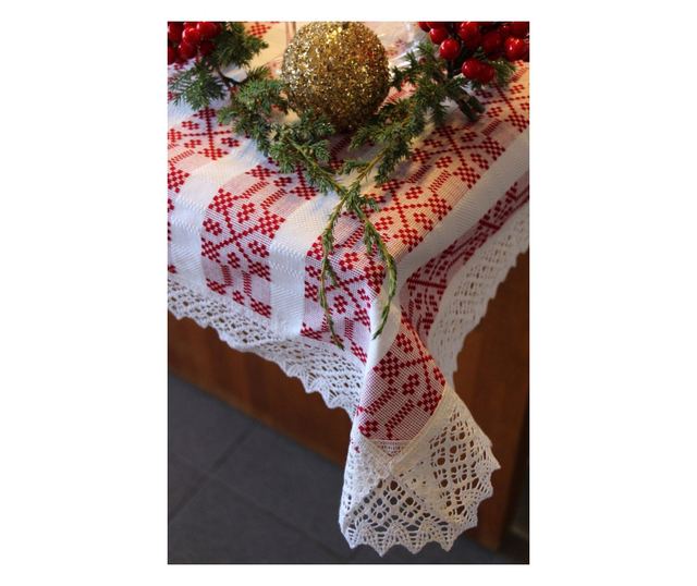 Бяла правоъгълна покривка за маса с червен акцент и бяла дантела 150 x 60 см