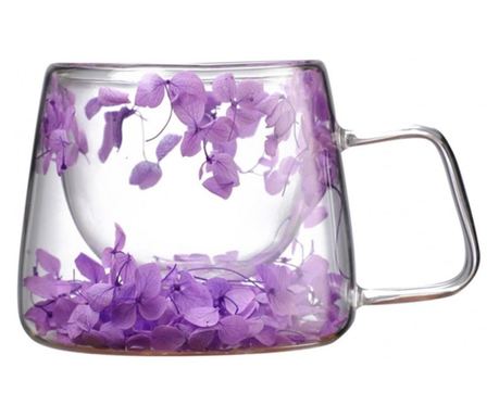 Skodelica s posušenimi rožami, dvojna stena, borosilikatno steklo, toplotna izolacija, hortenzija, 180 ml