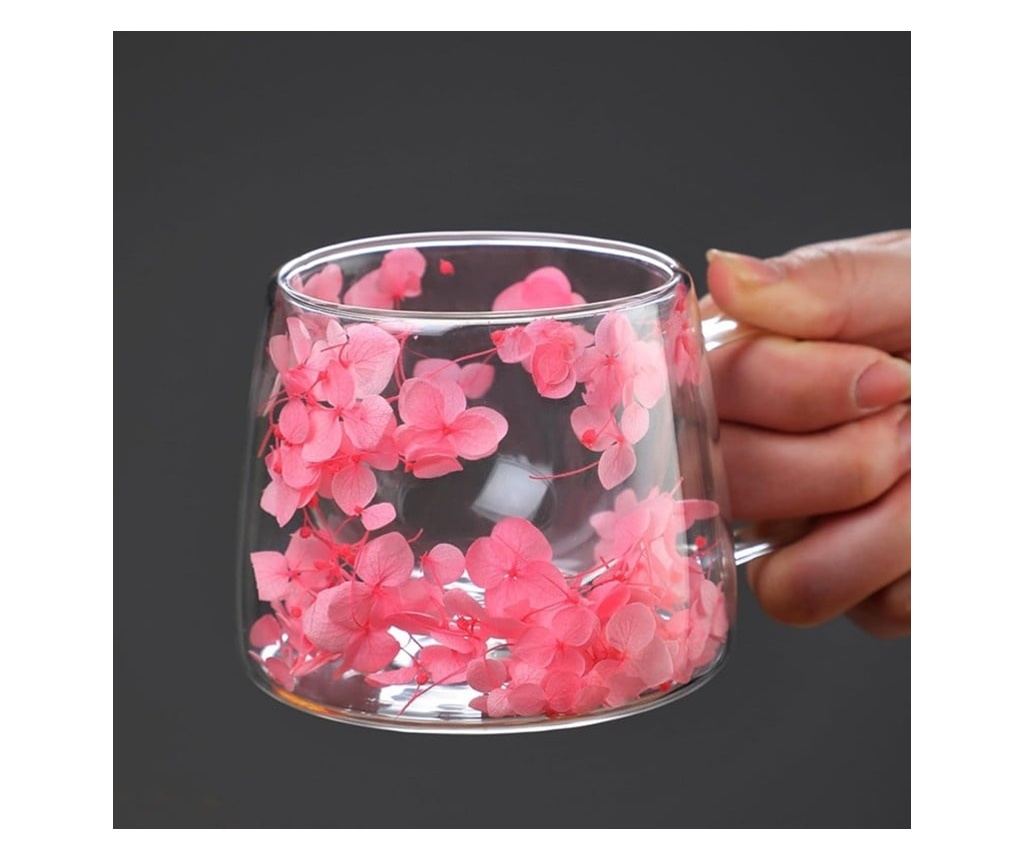 Roza posušena roža skodelica, dvojna stena, borosilikatno steklo, toplotna izolacija, hortenzija, 180 ml - 2